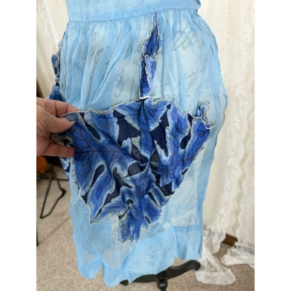 Vintage Sheer Blue Organza Half Apron Large Leaf Pockets Cottagecore Retro